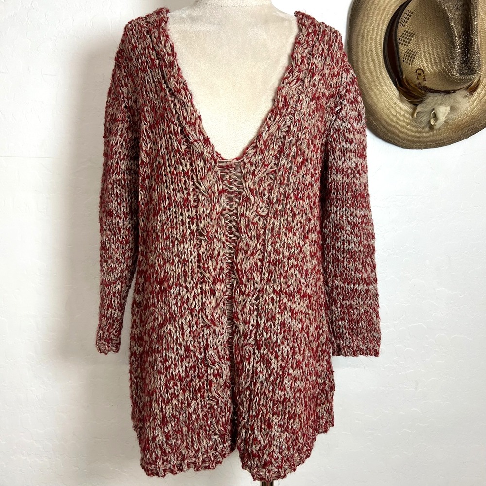Zara Knit Metallic Marled Open Front Cardigan Chunky Maroon Neutral Sweater L